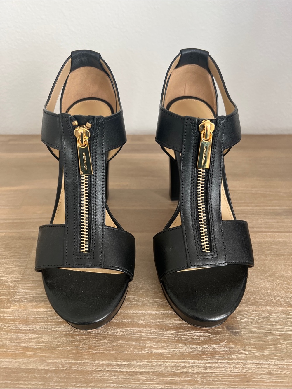 MICHAEL Michael Kors Black Leather T-strap High Heel Sandals with Gold Zip